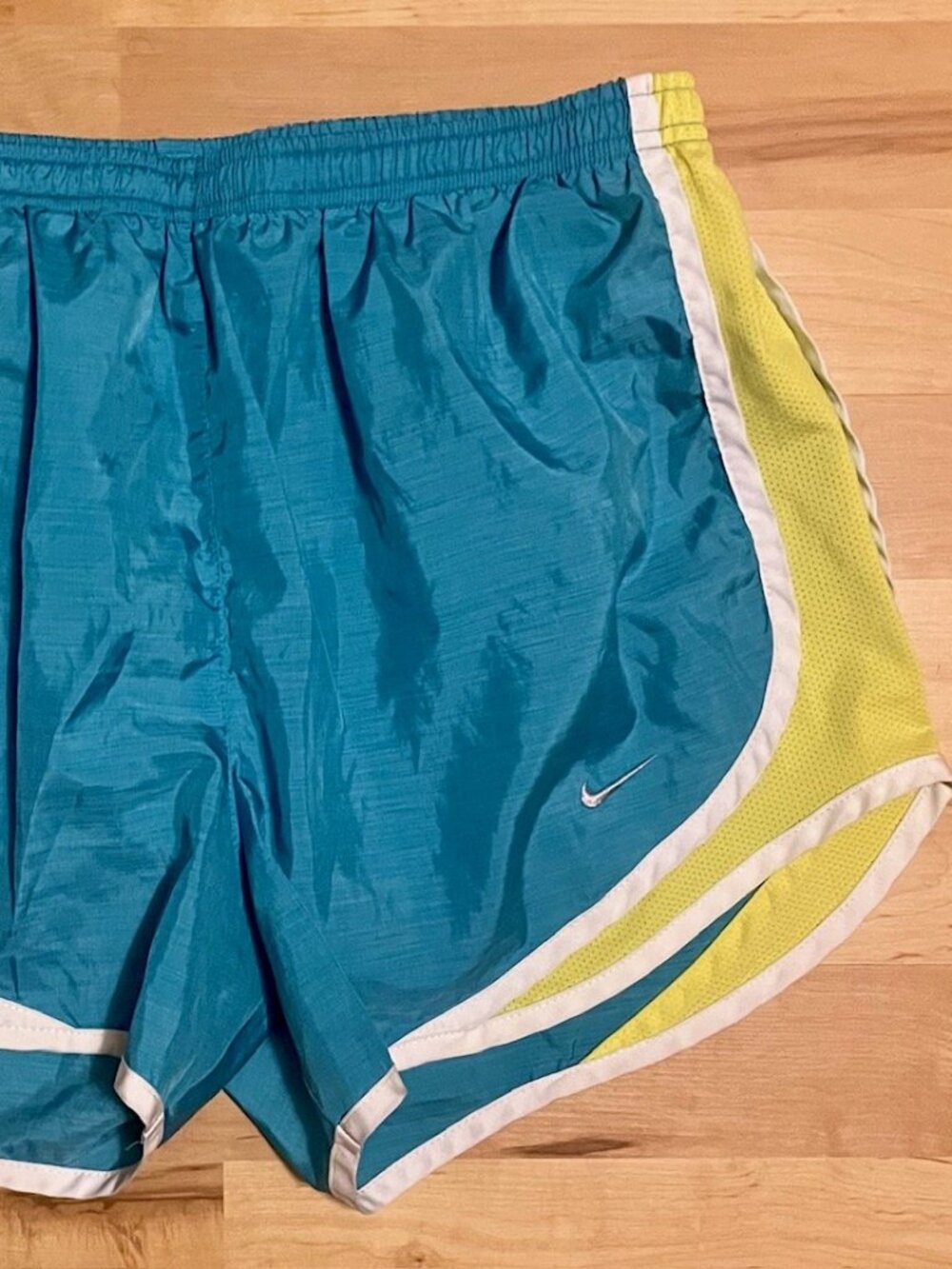 Nike "Dri-Fit" athletic shorts, teal & lime green. Lined/pockets!